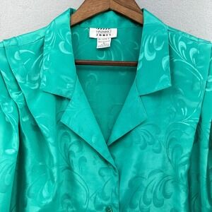 VTG Hayward Jones Top Silky Blouse Green Floral Print Long Sleeve Button Down